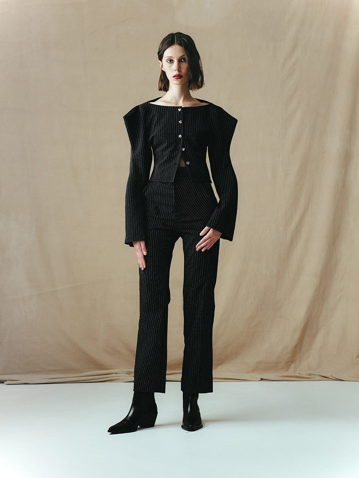 TAILORED PLEATED PINSTRIPE PANTS