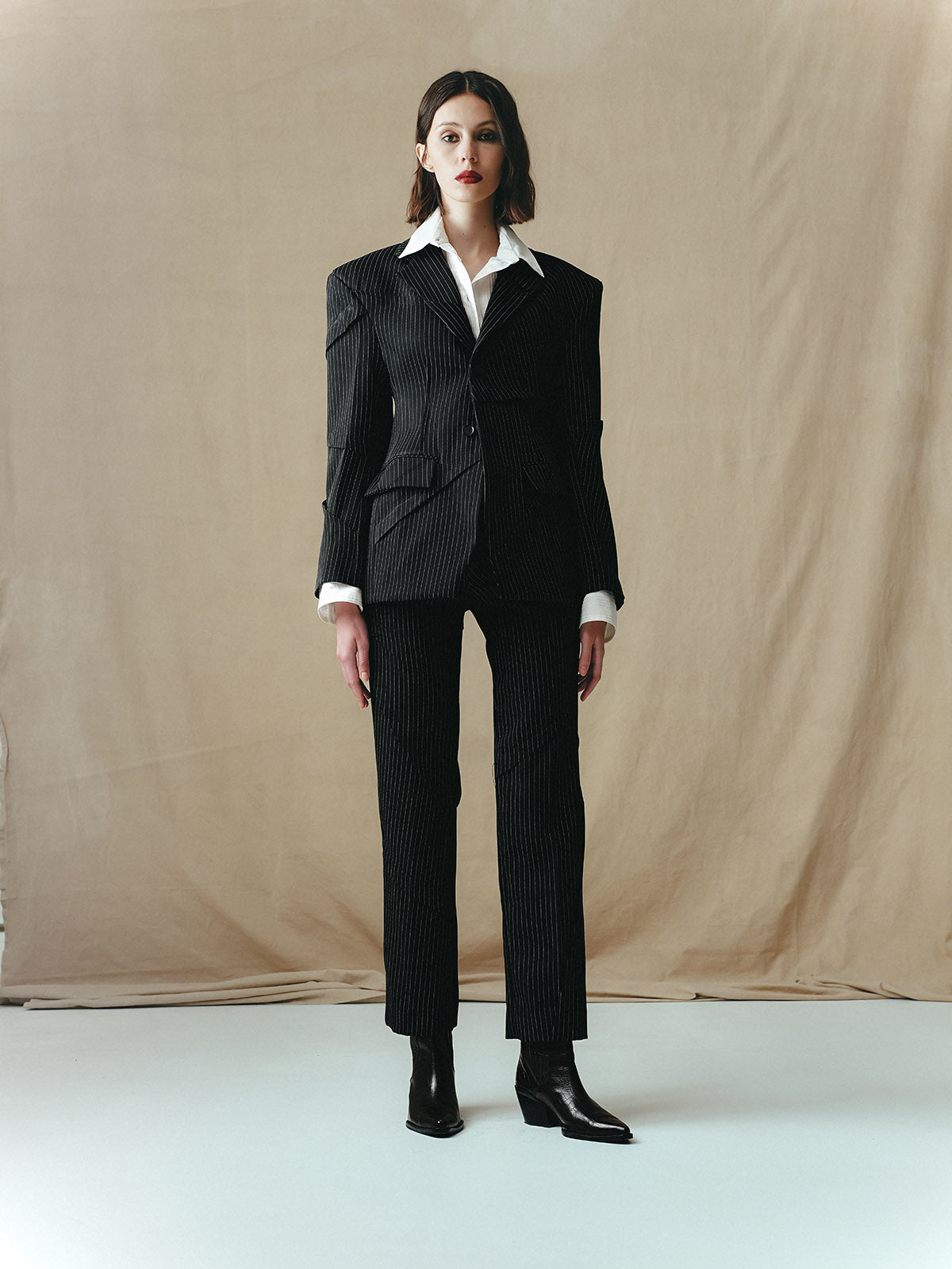 PINSTRIPE TAILORED SUIT WITH RANDOM PLEATS