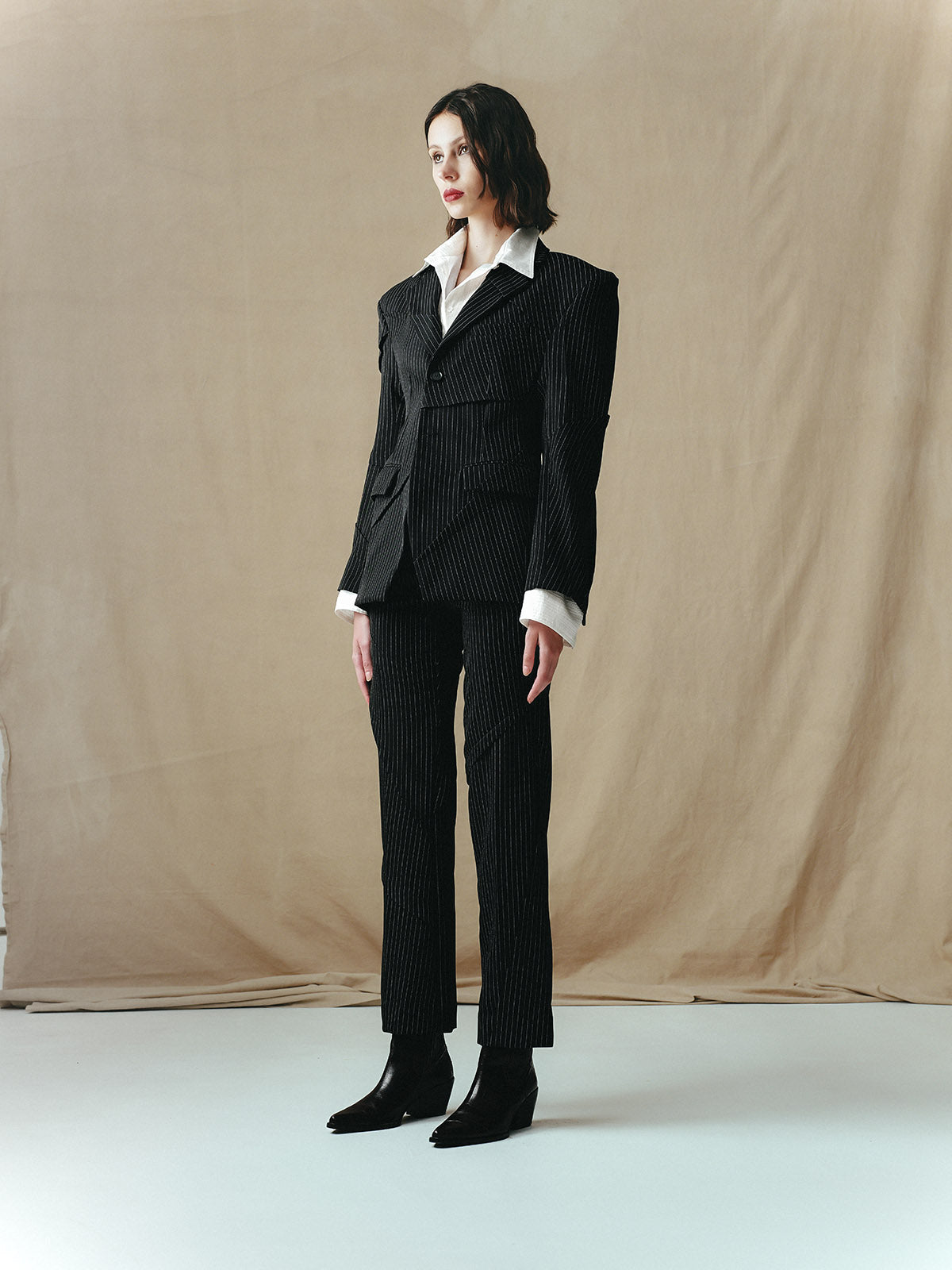 PINSTRIPE TAILORED SUIT WITH RANDOM PLEATS