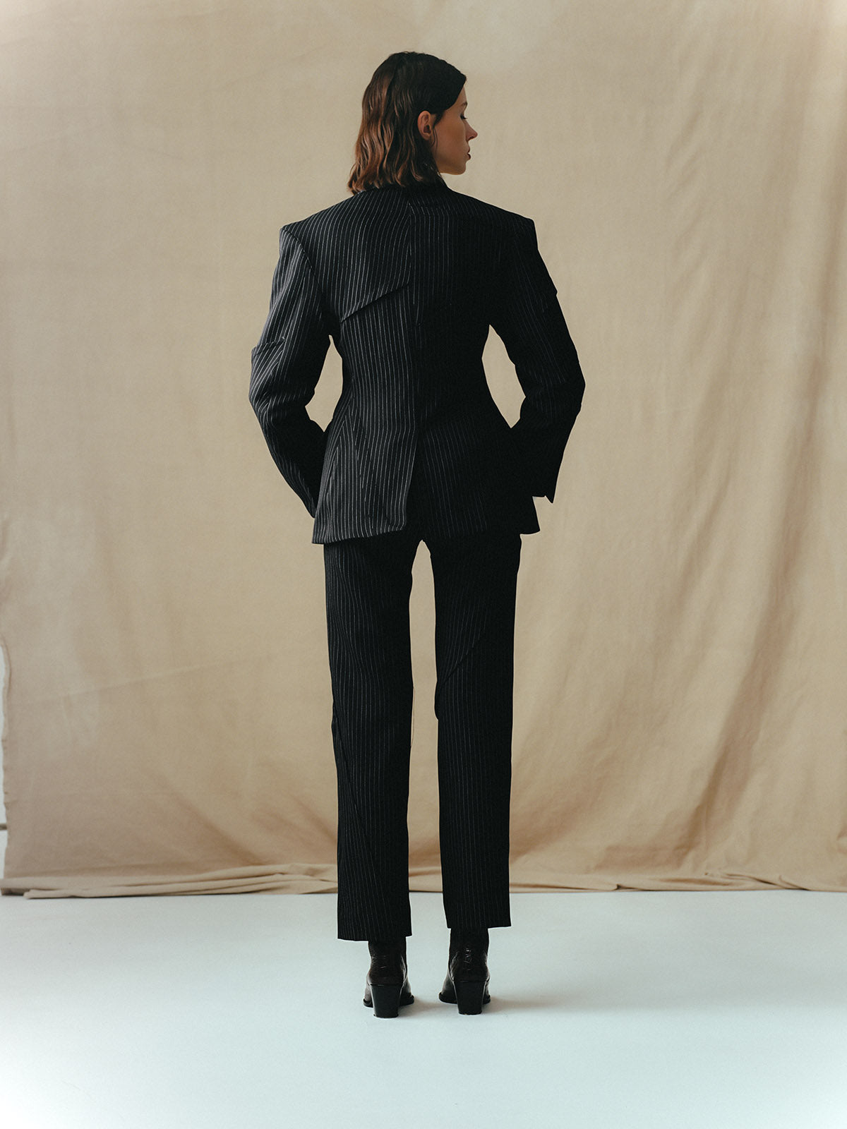 PINSTRIPE TAILORED SUIT WITH RANDOM PLEATS