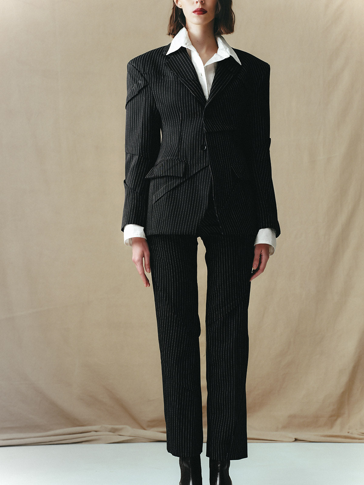 PINSTRIPE TAILORED SUIT WITH RANDOM PLEATS