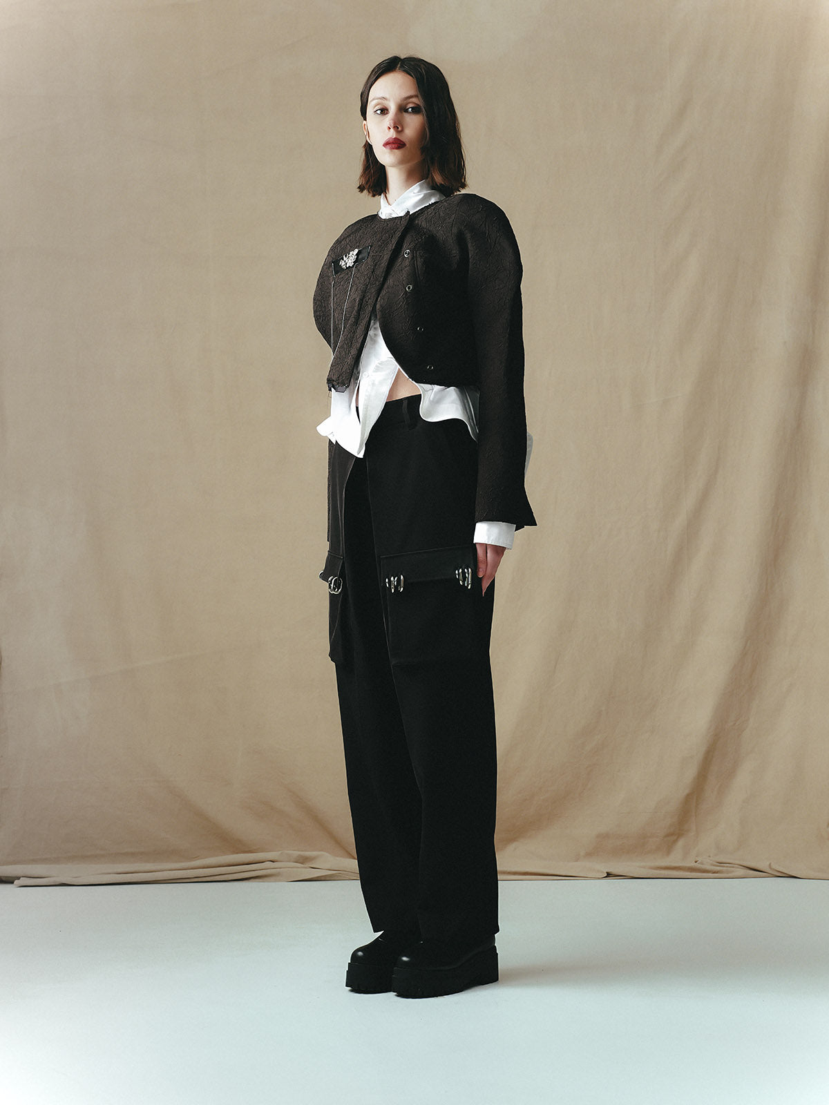 RAGLAN SHOULDER CROPPED JACKET WITH DISTRESSED HEM