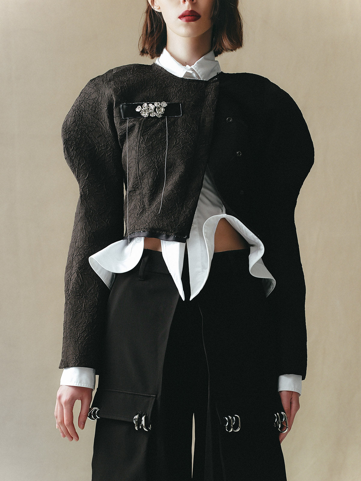 RAGLAN SHOULDER CROPPED JACKET WITH DISTRESSED HEM