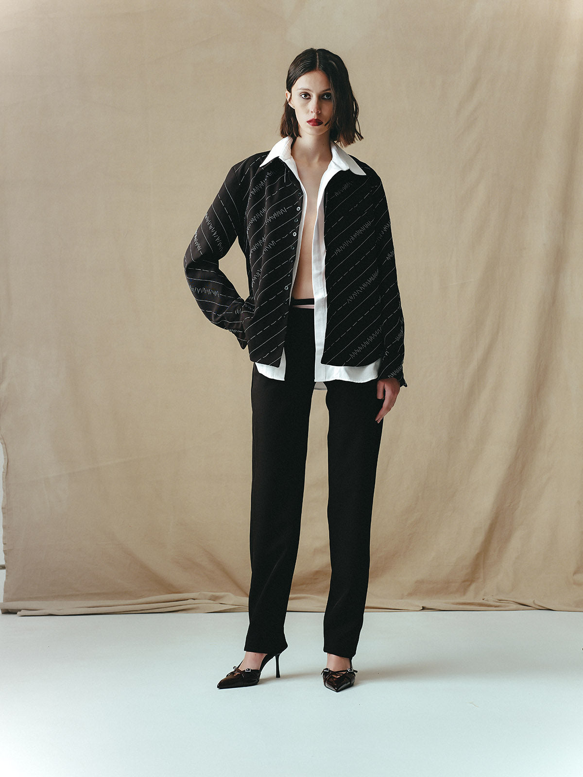 DISTRESSED JACKET WITH HANDSTITCHED PINSTRIPES