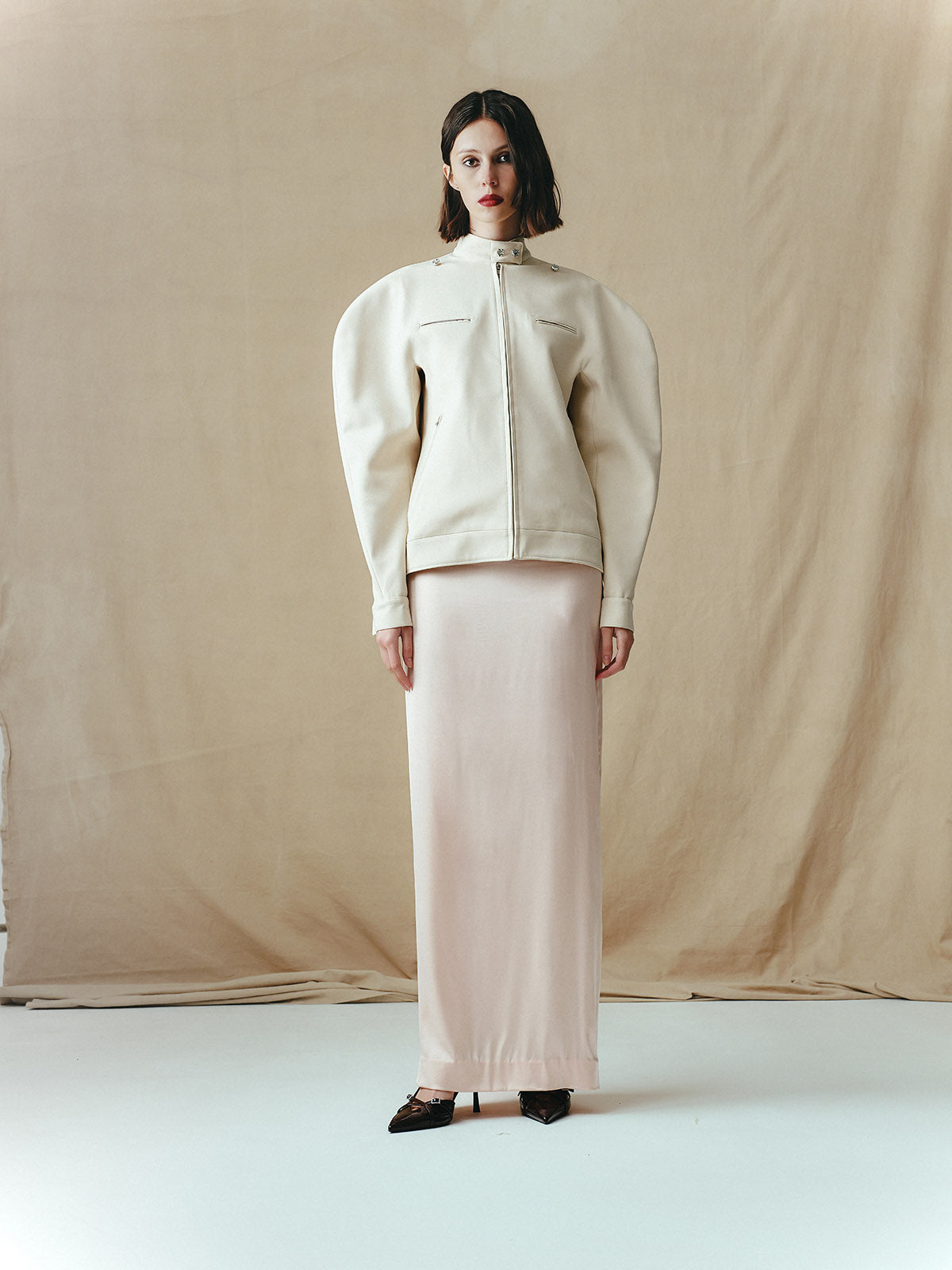 ROUNDED MOTOR JACKET WITH EMBELLISHMENT BUTTONS