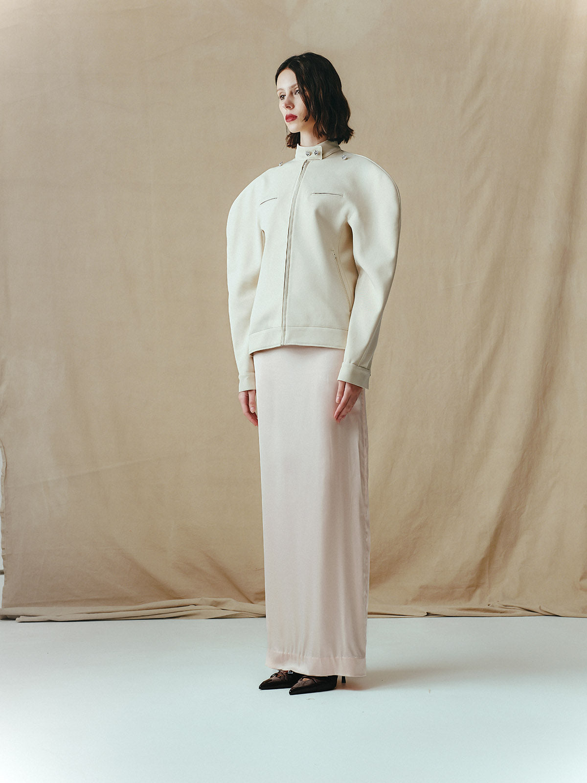 ROUNDED MOTOR JACKET WITH EMBELLISHMENT BUTTONS
