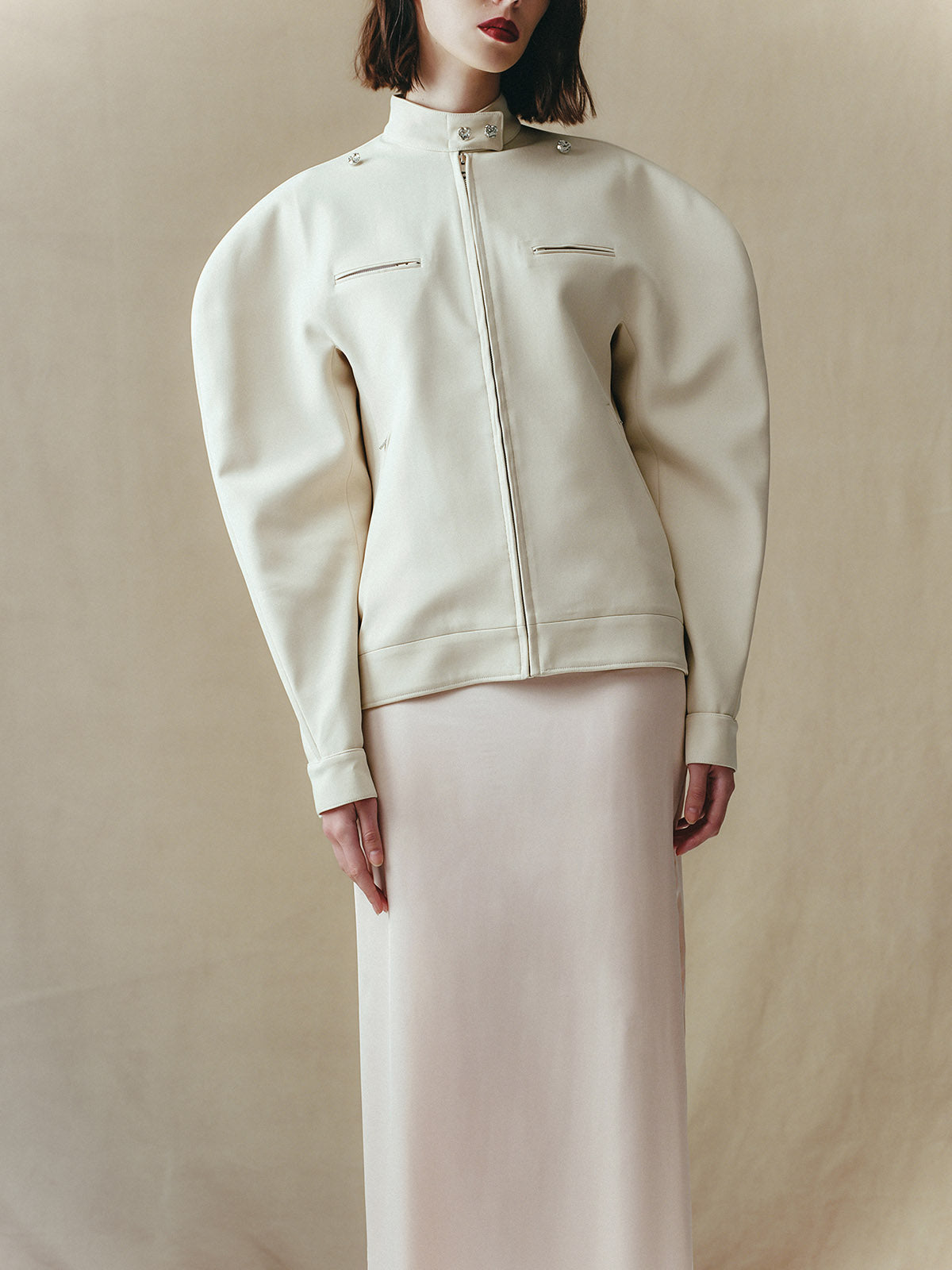 ROUNDED MOTOR JACKET WITH EMBELLISHMENT BUTTONS