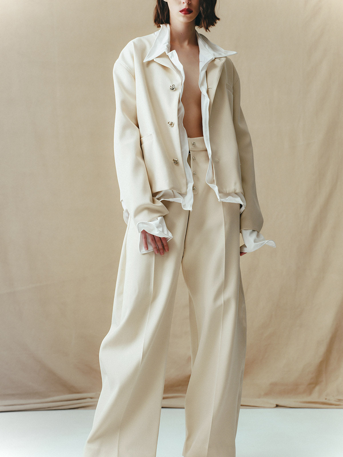 TAILORED CARDIGAN WITH DETACHABLE DISTRESSED COLLAR