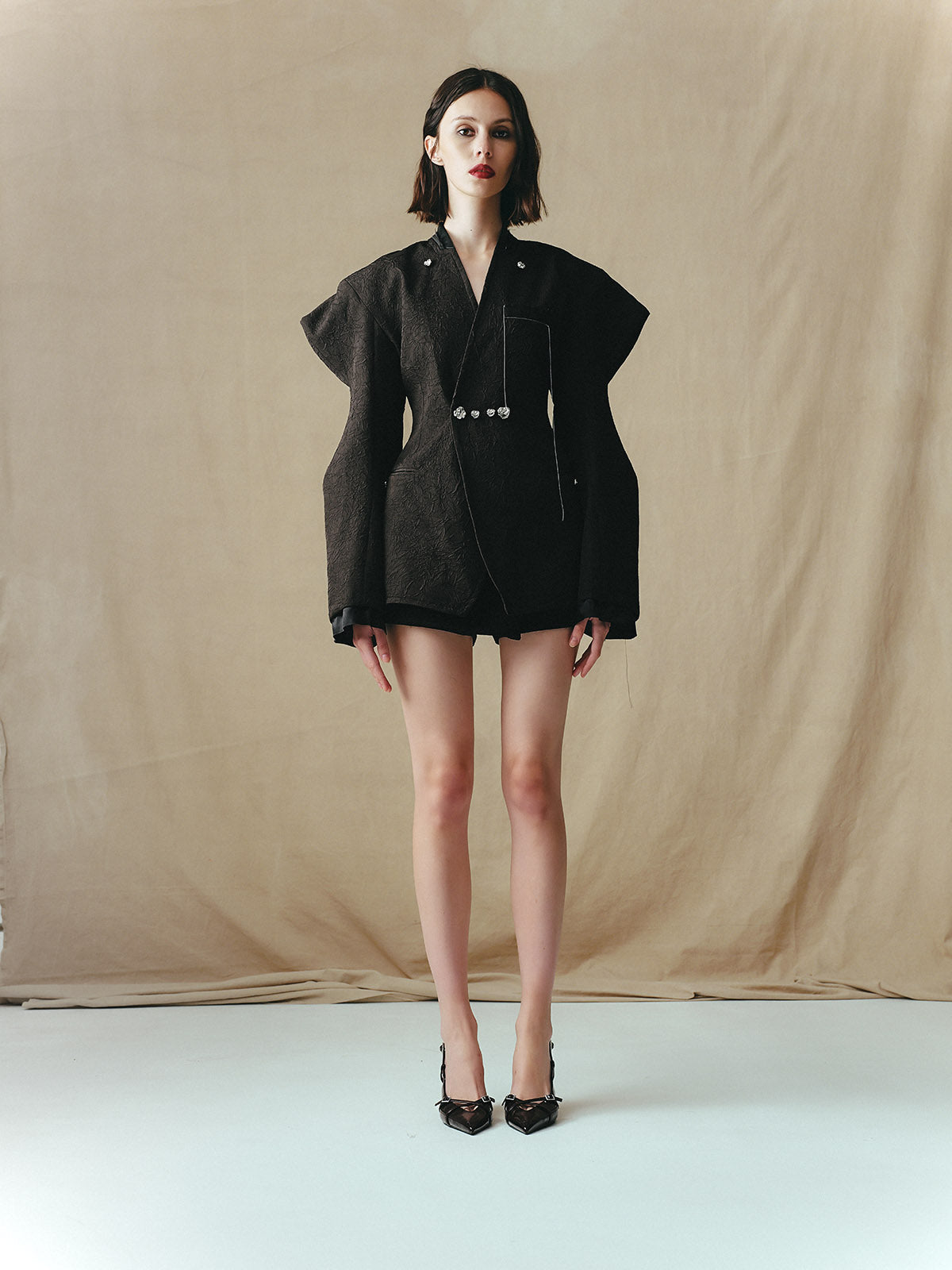 DOUBLE BREASTED JACKET WITH EMBELLISHED BUTTONS AND STRUCTURED SLEEVES