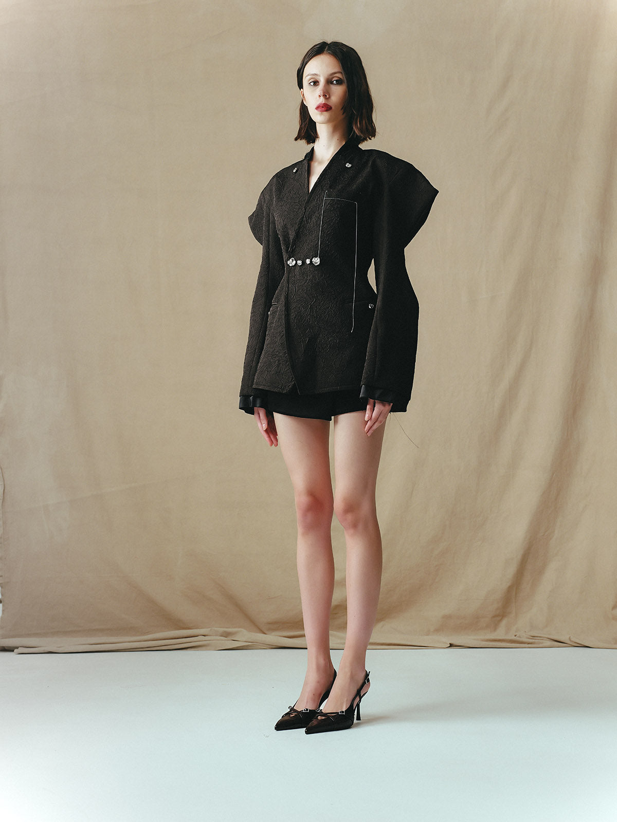 DOUBLE BREASTED JACKET WITH EMBELLISHED BUTTONS AND STRUCTURED SLEEVES